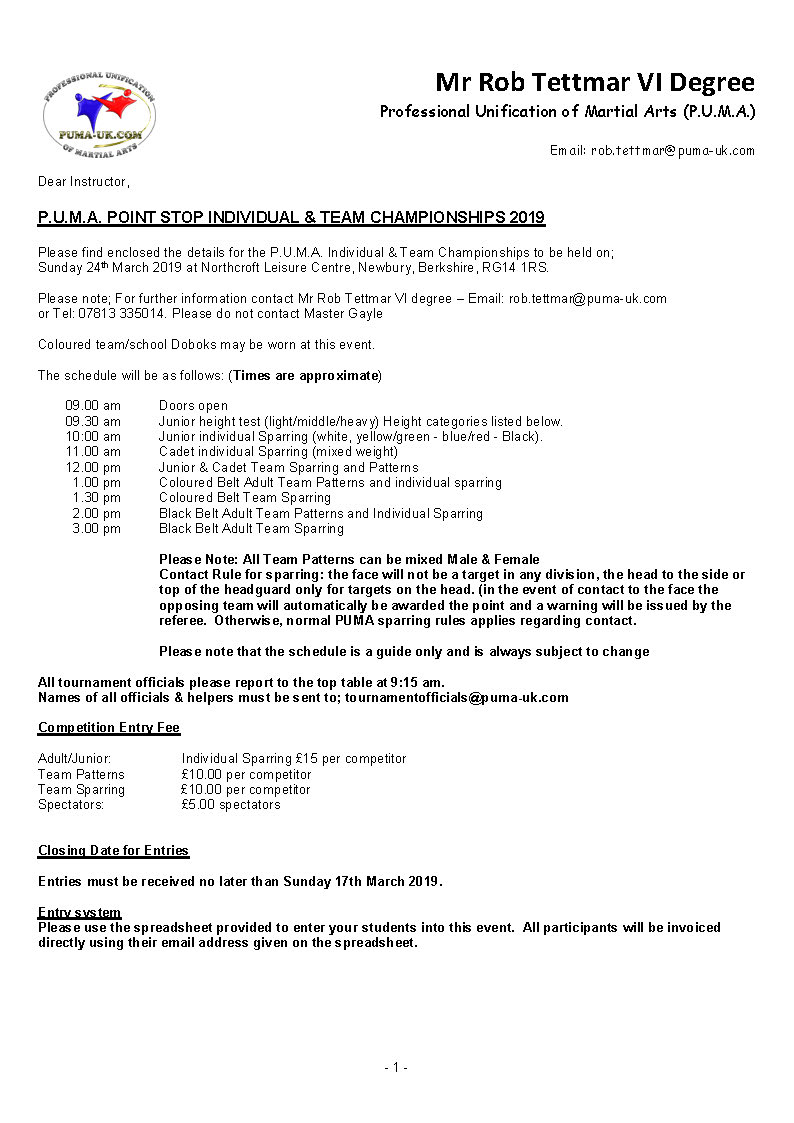 P.U.M.A. Point Stop Championships 2019 Rules Page 1